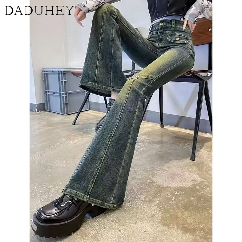 Ảnh Quần jean dài DADUHEY size lớn ống rộng loe nhẹ cạp cao thời trang retro đường phố cao cấp kiểu Mỹ 3