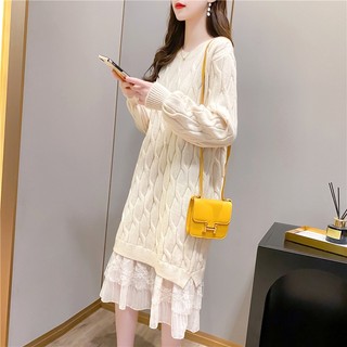 Đầm Dệt Kim Phối Ren Màu Trơn Dáng Dài Qua Gối Phong Cách Hàn Quốc Thời Trang Thu Đông Cho Nữ