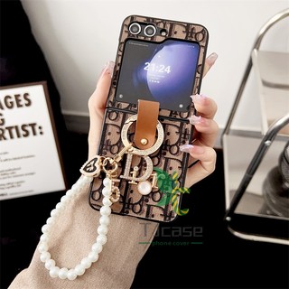 Retro In Hình Vòng Tay Ngọc Trai Bao Da Samsung Galaxy Z Flip 5 Z Flip 6 Z Flip 7 Kim Cương Vòng Kim Loại Vỏ Trái Tim Chữ Cái Vỏ Cứng