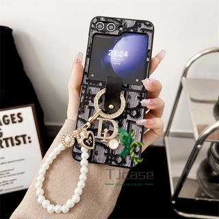 Retro In Hình Vòng Tay Ngọc Trai Bao Da Samsung Galaxy Z Flip 5 Z Flip 6 Z Flip 7 Kim Cương Vòng Kim Loại Vỏ Trái Tim Chữ Cái Vỏ Cứng