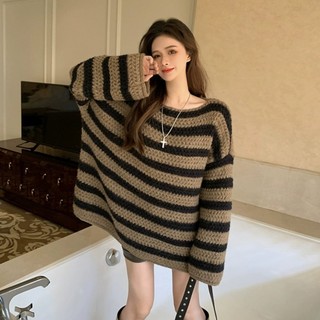 Áo Len Nữ Dài Tay Cổ Tròn Sọc Ngang Thời Trang Hàn