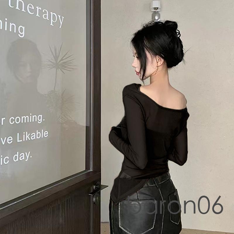 Áo sơ mi nữ lệch vai Sheer Halter Áo cơ bản dài tay có áo ống Bộ 2 mảnh cho quần áo thẩm mỹ dạo phố