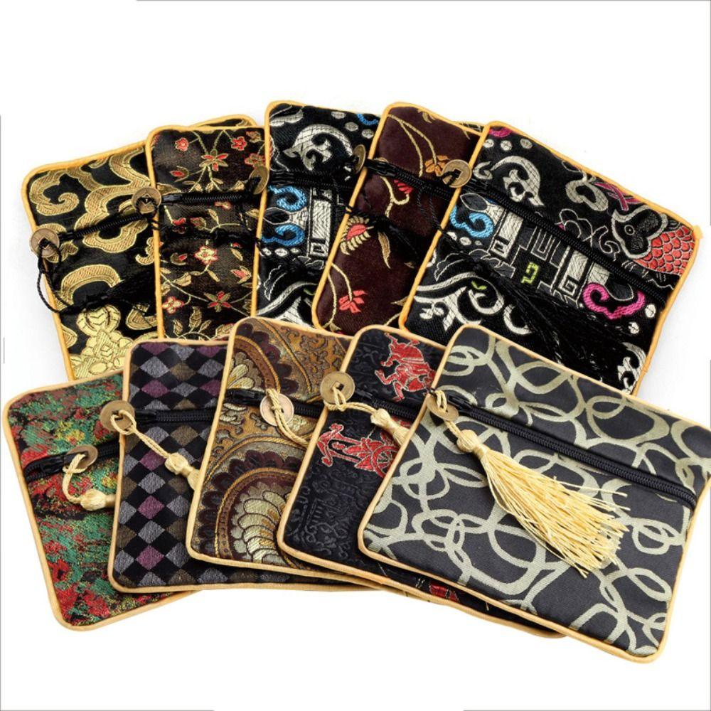 WEETW Mini Thêu Canvas Ví Đựng Tiền Xu, Tua Rua Đồng Tiền Mặt Mặt Dây Chuyền Hoa Trang Sức Túi Đóng Gói, Thời Trang Rồng Dung Tích Lớn Trang Điểm Son Môi Túi Đựng Tiền Phong Cách Học Sinh