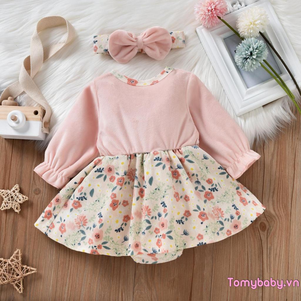 Bé Gái Áo Liền Quần Thường Ngày Trang Phục Dài Tay In Hoa Chắp Vá Đầm Jumpsuit + Nơ Trang Trí Băng Đô Bộ