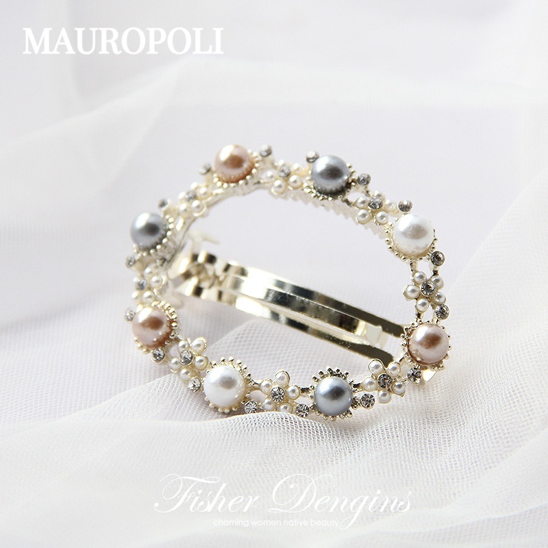 Mauropoli Kẹp Tóc Sang Trọng Retro Hàn Quốc Hợp Kim Rỗng Kim Cương Giả Ngọc Trai Hình Bầu Dục Top Lò Xo Sau Mũ Đội Đầu
