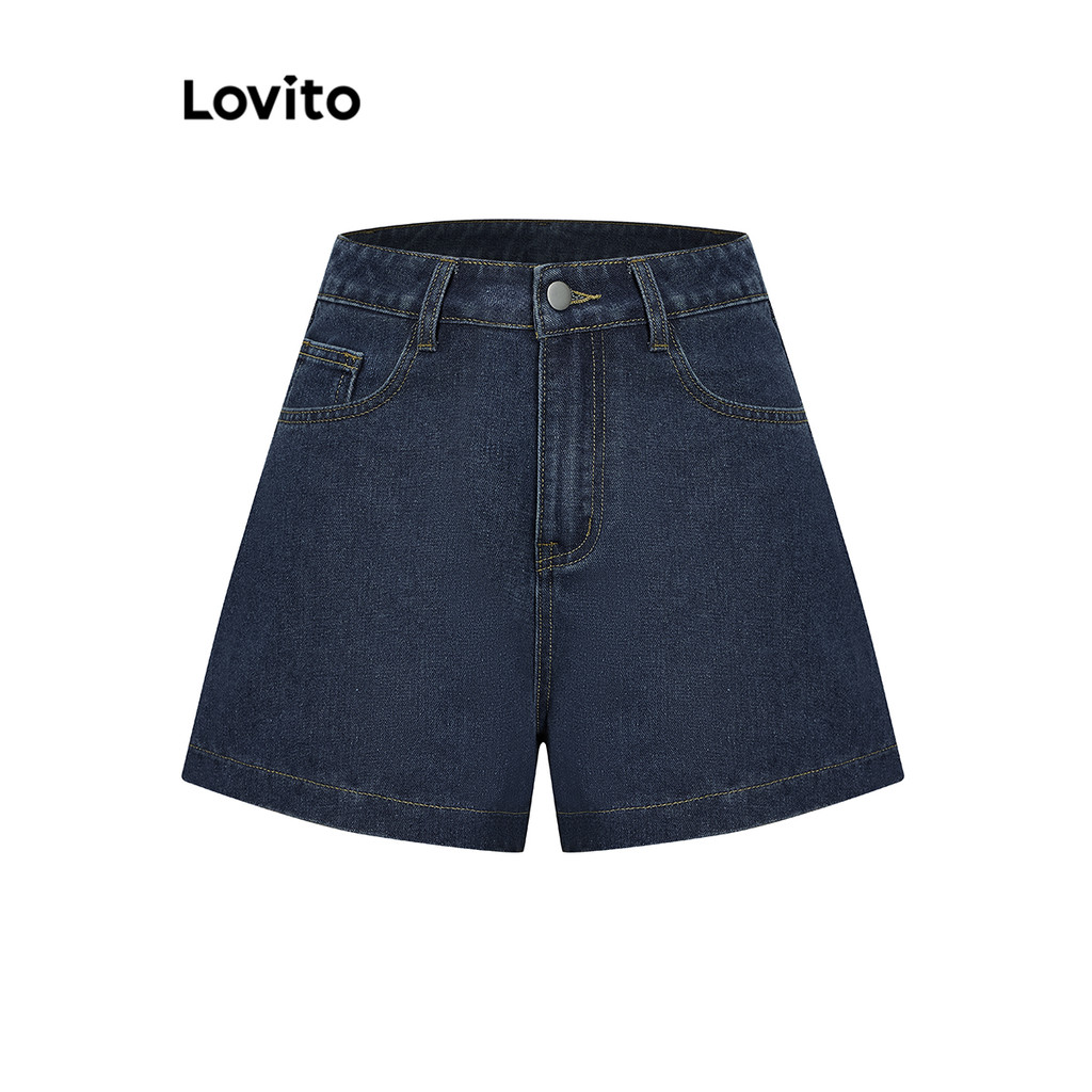 Ảnh Quần short Lovito vải denim màu trơn phong cách thường ngày cho nữ L95ED915 2