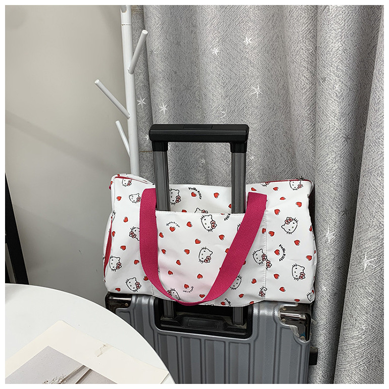 Túi hành lý du lịch Hellokitty Túi tập thể dục sinh viên Túi lưu trữ cầm tay Ánh sáng Dung tích lớn có thể được đặt trên vỏ xe đẩy