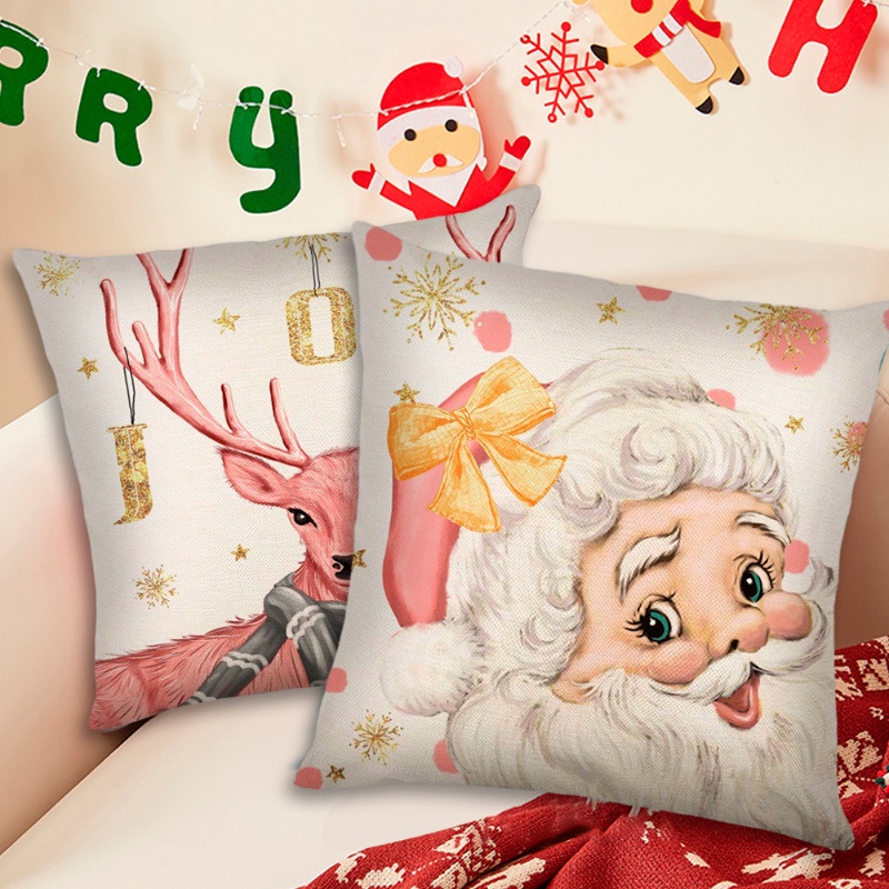 Vỏ Gối sofa Vải Lanh Mềm Thoáng Khí Thoải Mái In Hình Tuần Lộc Màu Hồng Giáng Sinh