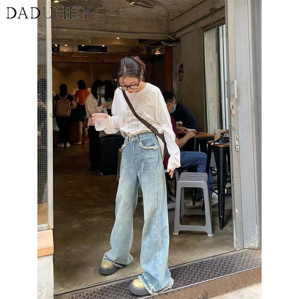 Ảnh DaDuHey New American Ins High Street Retro Raw Edge Jeans Niche High Waist Loose Wide Leg Pants plus Size Trousers 3