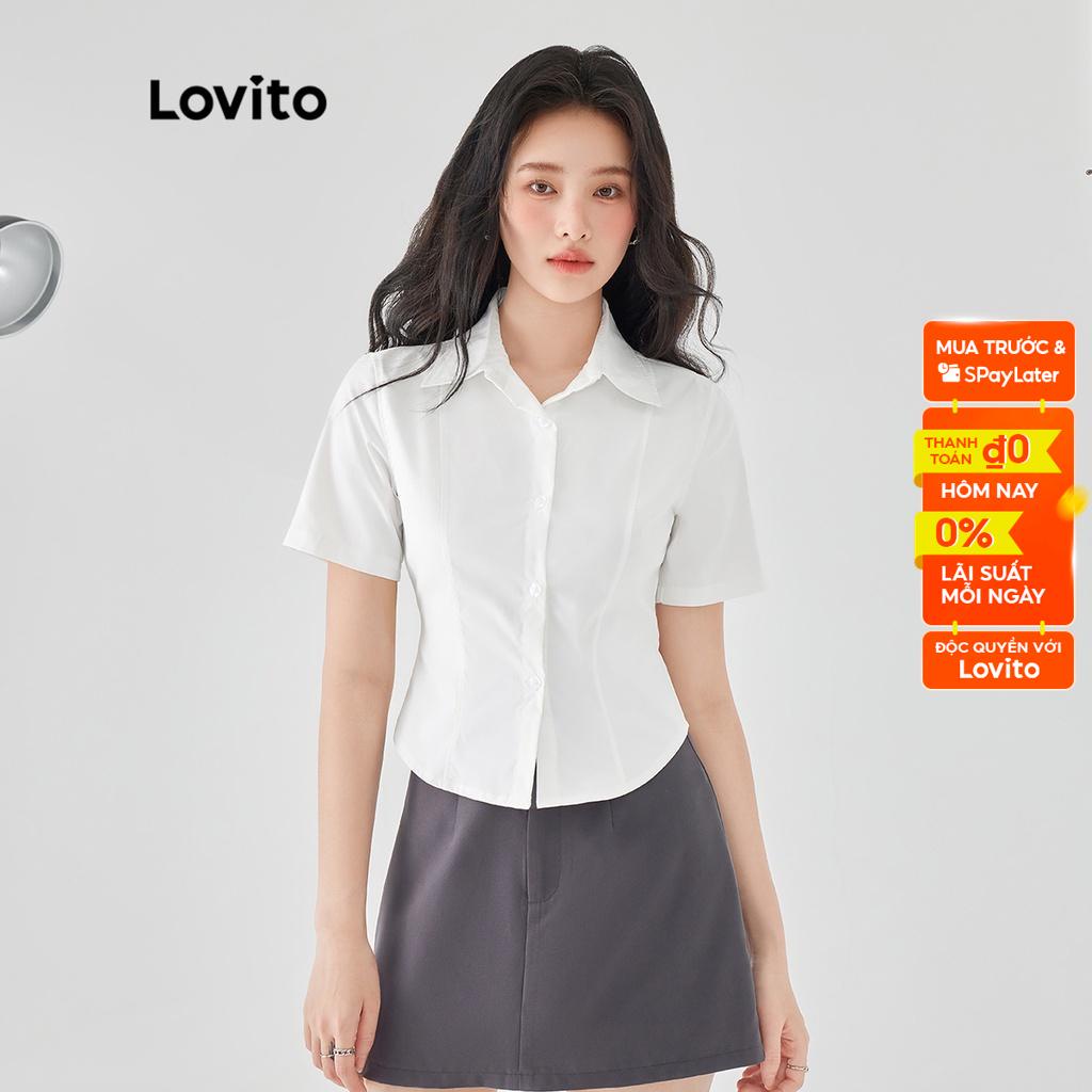 Áo kiểu Lovito tay ngắn cài nút phía trước màu trơn thường ngày cho nữ L49AD046 Màu trắng spe