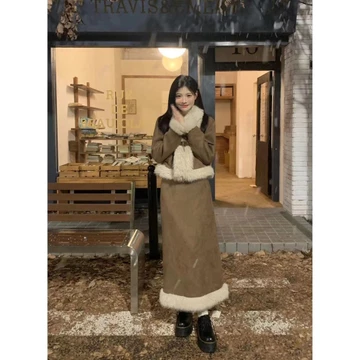 【Bess's house】áo khoác nữ mùa đông+váy nữ sang chảnh，set váy nữ，đồ bộ thu đông nữ，áo khoác mùa đông nữ，set váy dạ，Bộ Áo Khoác cotton Da Lộn Cổ Lông + Chân Váy Xẻ Lưng Cao Phong Cách qianjin Thời Trang