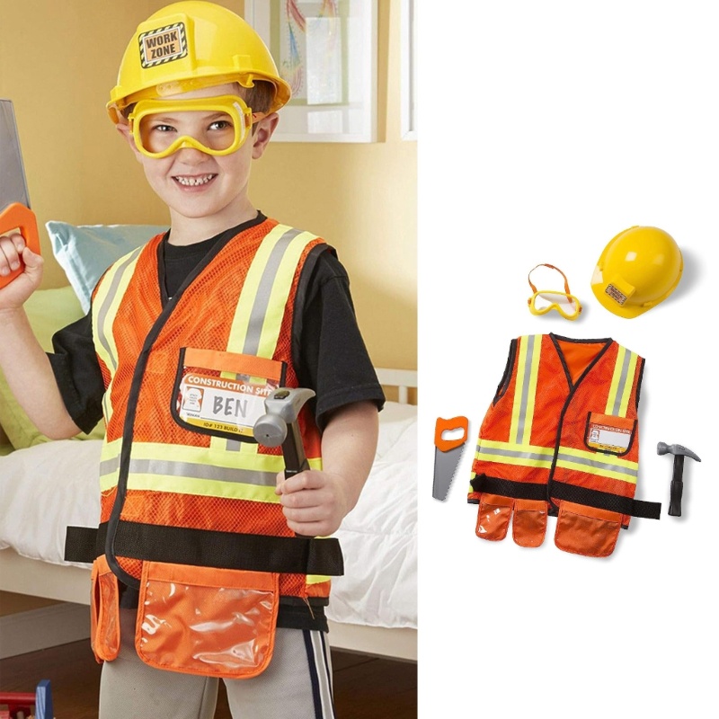 Dasbsug Trang phục công nhân xây dựng Trẻ em Người xây dựng Trang phục nghề nghiệp Giả vờ Bộ đồ chơi nhập vai
