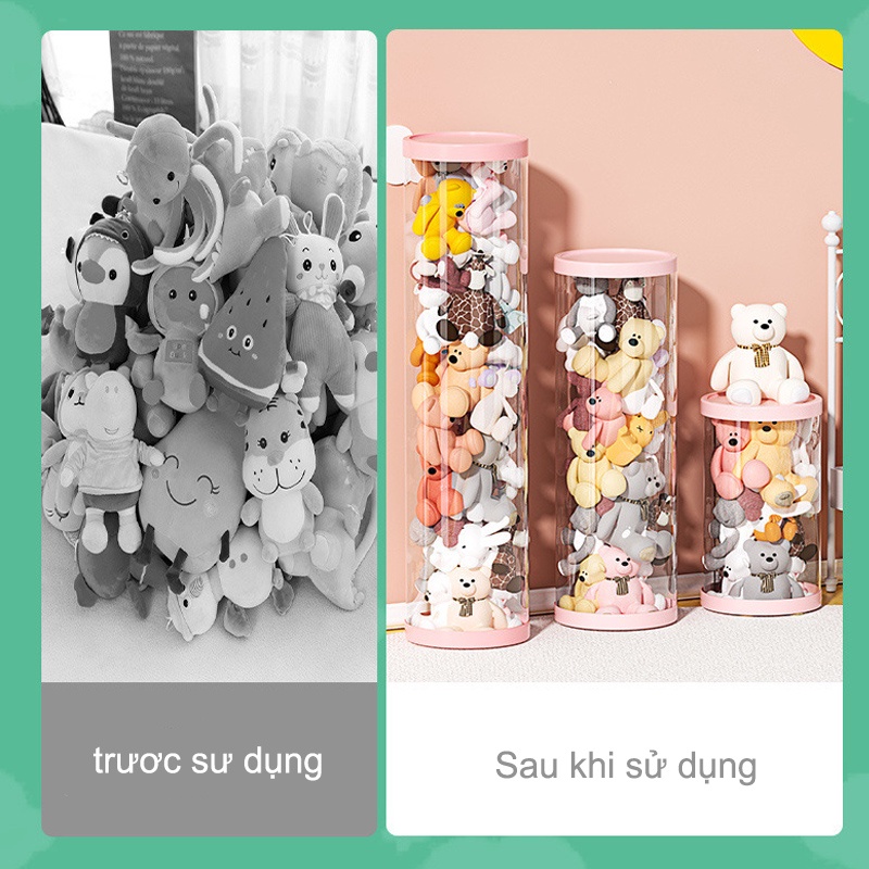 Gia đình hình trụ Hộp đựng đồ chơi nhồi bông bằng PET trong suốt chống bụi，Thùng đựng búp bê sang trọng