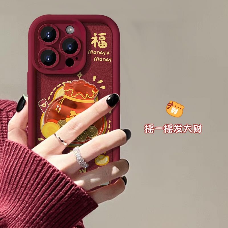 Tết Nguyên Đán Túi May Mắn Túi Đựng Tiền Hoạt Hình Ốp Lưng Tương Thích Cho iPhone 11 12 13 14 15 16 Plus Pro Max Rượu Vang Đỏ 3D Silicone Thời Trang Mềm Chống Sốc Thiết Kế Mới Vỏ Bảo Vệ
