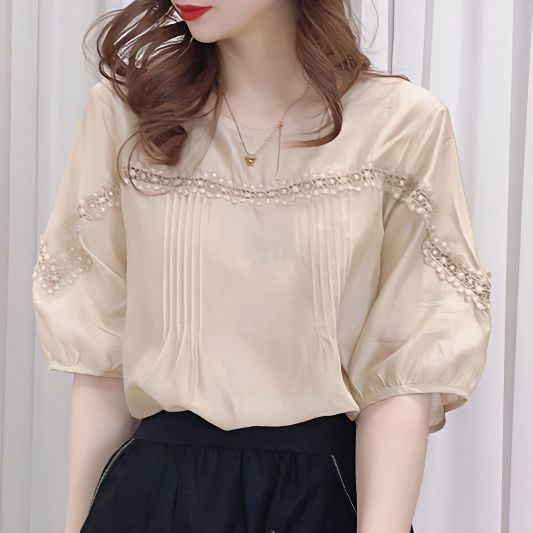 Mùa Hè 2025 Thời Trang Nữ Cao Cấp Rời Và Mỏng Retro Ren Nối Nửa Tay Áo Sơ Mi Voan