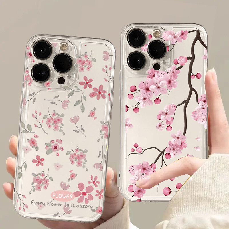 Vỏ Điện Thoại Hoa Đào Cho Samsung Galaxy S24 FE S25 Plus S24 S23 Ultra A16 A15 A55 5G Vỏ Nghệ Thuật Hoa Hồng Bảo Vệ Camera Silicon Mềm Chống Sốc Họa Tiết TPU Trong Suốt