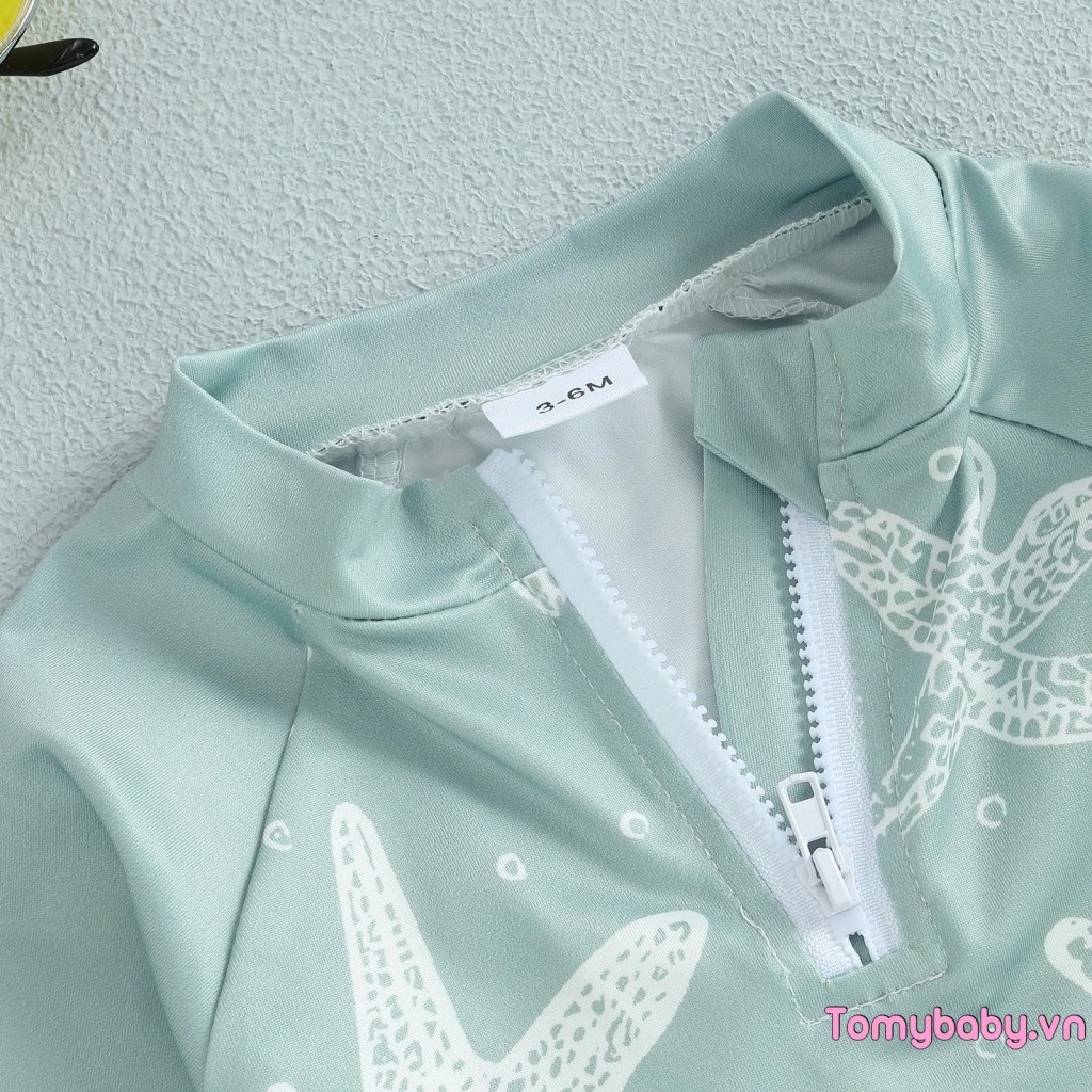 Bé Trai Rash Guard Đồ Bơi In Hình Sao Biển Dài Tay Zip Áo + Quần Short + Mũ Bơi Bộ 3 Chiếc