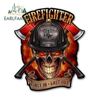 EARLFAMILY 13cm x 11cm 3D Fire Fighter Skull Car Sticker Phòng cứu hỏa Đầu tiên trong cuối cùng Decal Fire Sign Window Trunk Vinyl Dán