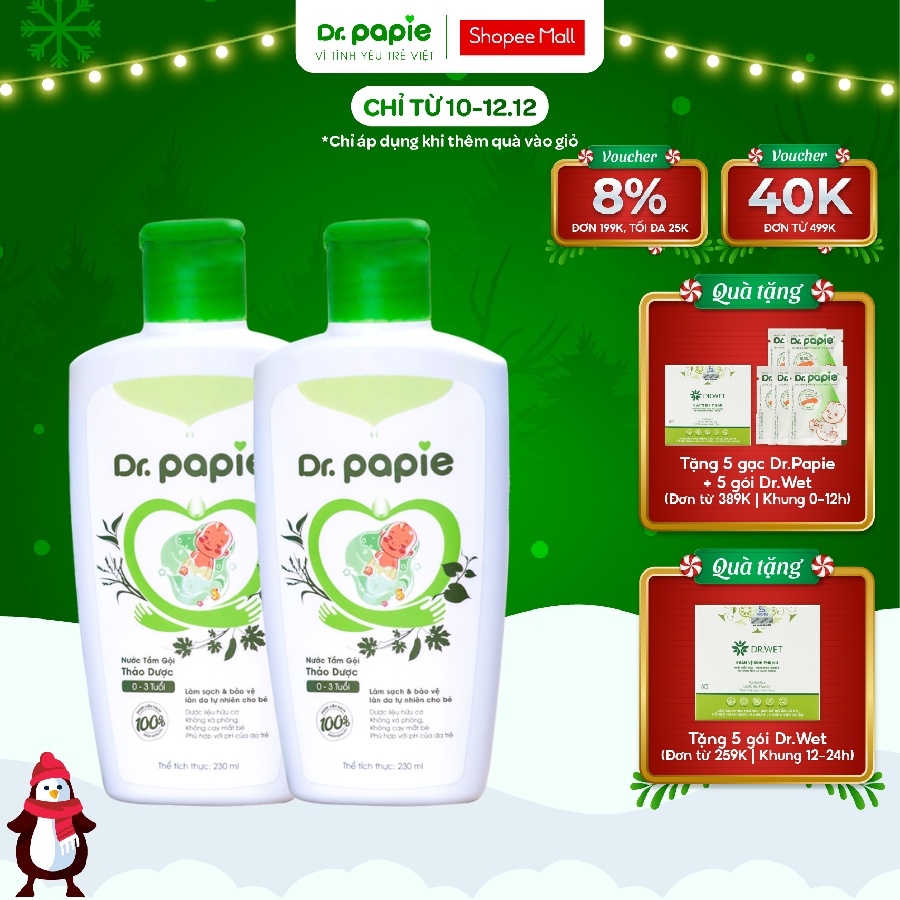 (Đã bán 1,2k) Combo 2 Chai Nước Tắm Thảo Dược Dr Papie Giúp Giảm Mẩn Ngứa Và Rôm Sảy, Hỗ Trợ Làm Sạch, Mát Da Bé - Chai 230ml
