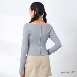 Áo crop top mỏng mùa hè dành cho nữ màu trơn dài tay cổ tròn Cutout khoe áo thun rốn