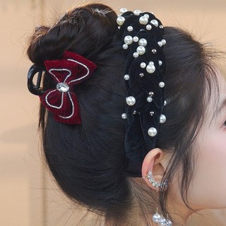 Băng Đô Nhung Bản Rộng Đính Hạt Ngọc Trai Thủ Công Phong Cách Âu Mỹ Kiểu Mới