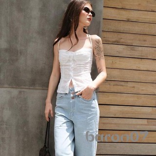 Phụ Nữ Camisole Spaghetti Dây Không Tay Ruched Rỗng Móc Hoa Nút Mỏng Áo Bể Áo