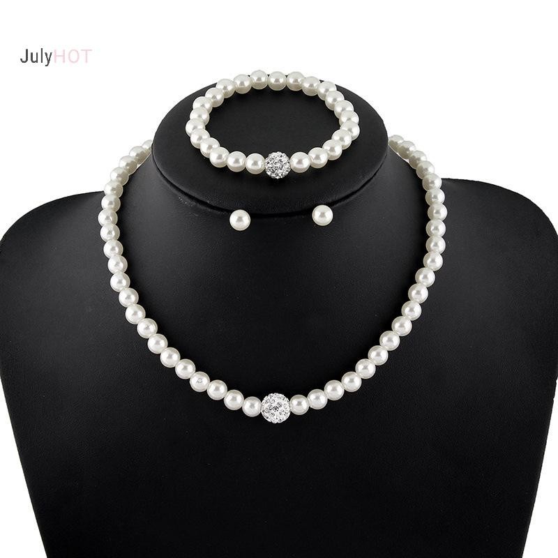 Julyhot 3in1 Bộ Nữ Cô Dâu Cưới Bộ Kim Cương Giả Ngọc Trai Vòng Cổ Vòng Tay Bông Tai Dự Tiệc Trang Sức Quà Tặng Massivedeals