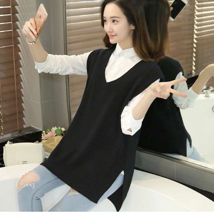 Plus Size Dệt Kim Áo Vest Nữ Cổ Chữ V Mới Không Tay Chiều Dài Giữa Hàn Quốc Đáy Rời