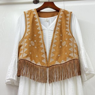 Vipdeal1 Áo Khoác cardigan Giả Da Lộn Không Tay Phối Tua Rua Phong Cách hippie 70s Thời Trang Cho Nữ