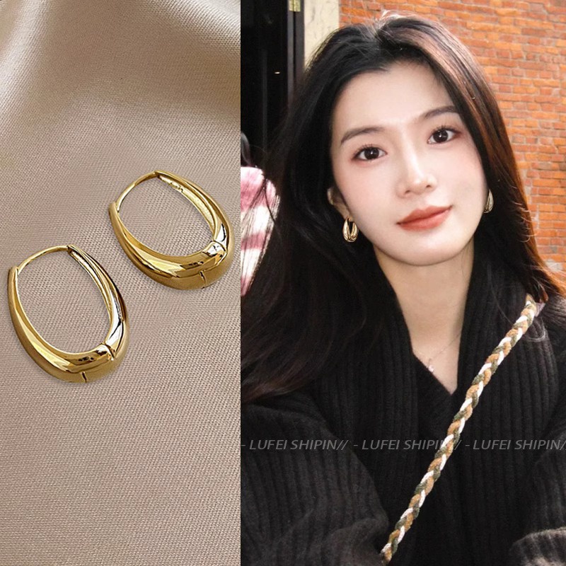 Bông tai kim loại Mochashu Bông tai hình bầu dục vàng cao Phụ kiện thời trang nữ