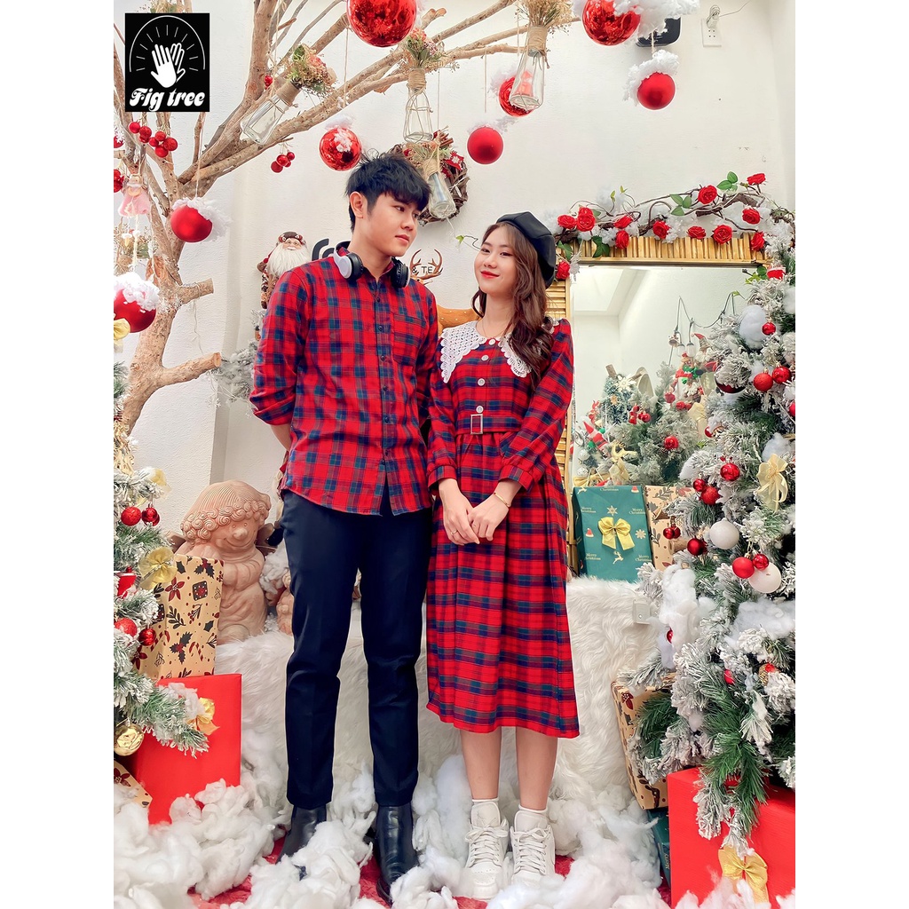 Sơ Mi Váy Đôi Fig Tree Sọc Caro Đỏ Noel Couple Check in Noel, Đi Tiệc, Chụp Hình Cực Chill, Ms 185