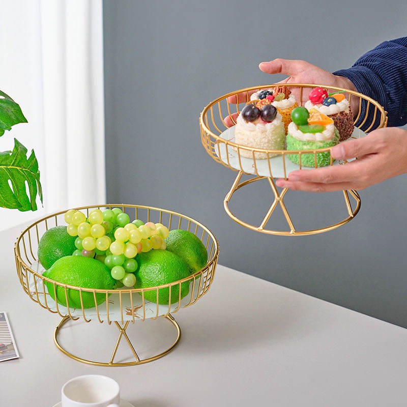 Khay Đựng Trái Cây Để Bàn Khung Sắt Mạ Vàng – Mặt Kính Vân Đá Cẩm Thạch Decor Bàn Bếp, Phòng Khách