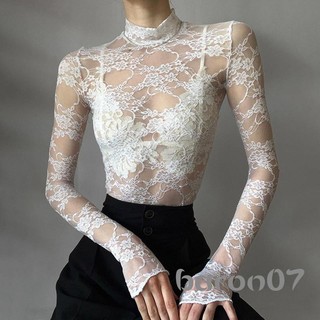 Áo thun nữ ren dài tay cổ cao xuyên thấu hoa mỏng vừa vặn cho bữa tiệc câu lạc bộ