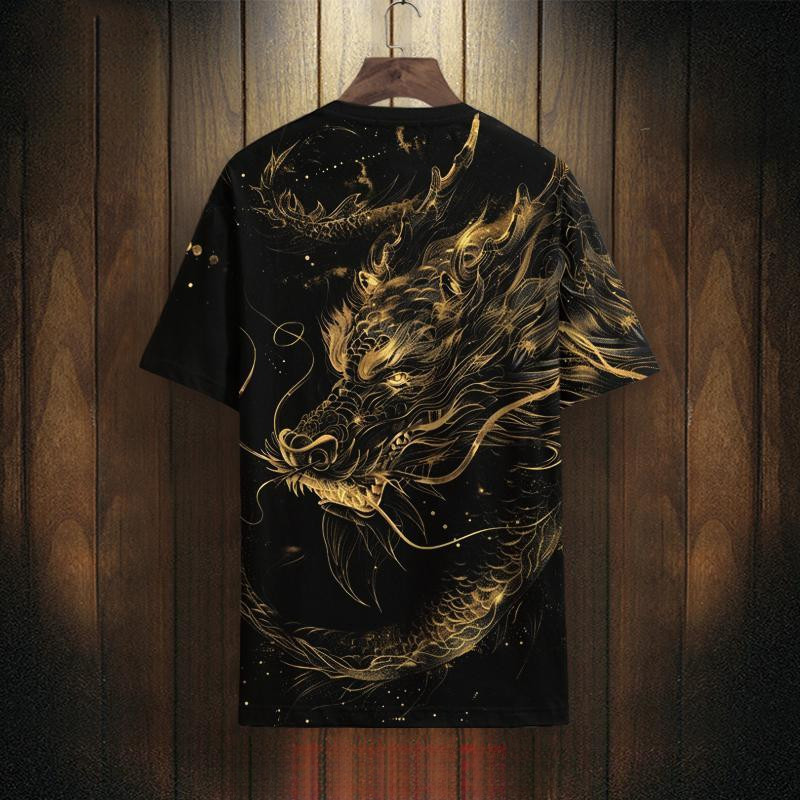 Áo thun ngắn tay in hình rồng phong cách Trung Quốc cho nam, oversized, thoáng khí, cổ tròn, tay ngắn mùa hè