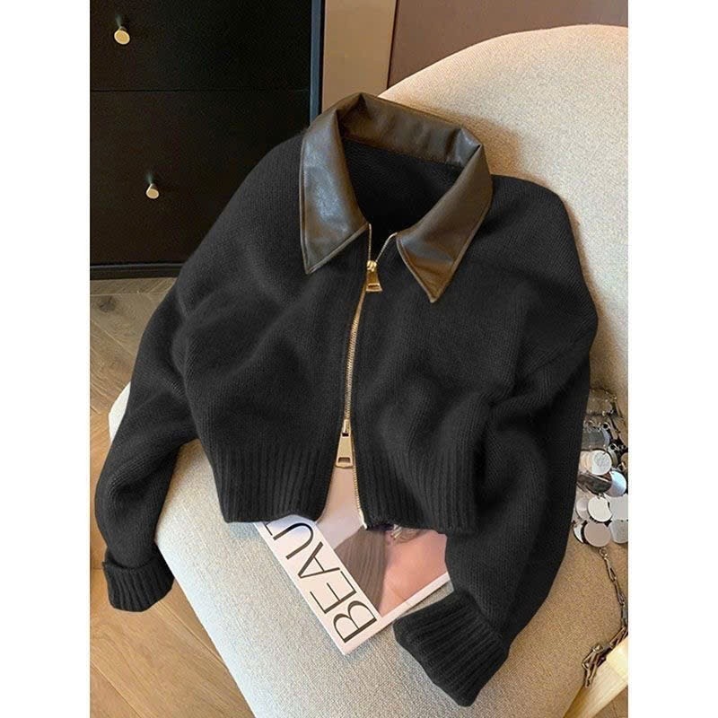 Áo khoác cardigan len dáng croptop thiết kế cách điệu khóa kéo 2 chiều phối cổ sơ mi BA SP252