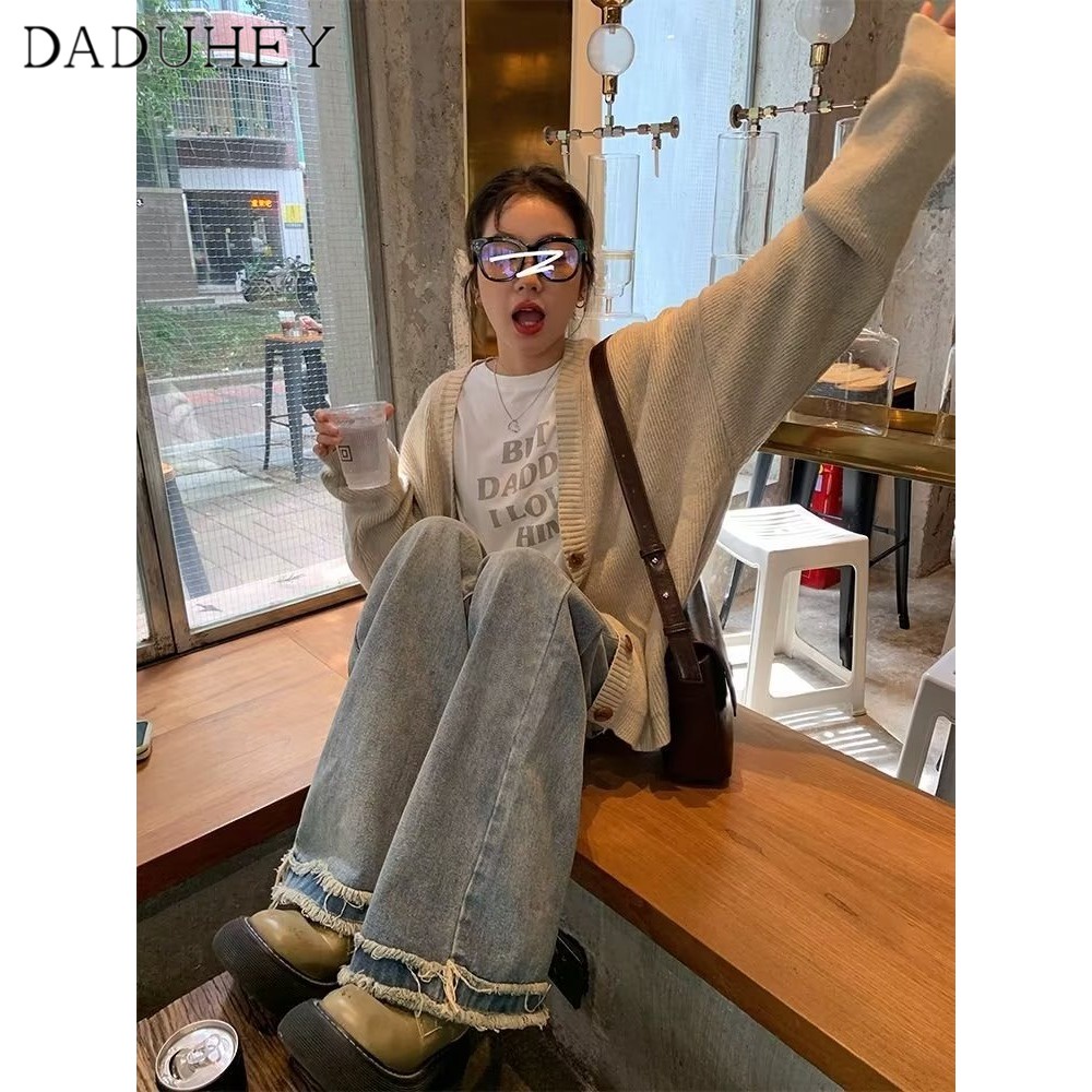 Ảnh DaDuHey New American Ins High Street Retro Raw Edge Jeans Niche High Waist Loose Wide Leg Pants plus Size Trousers 2