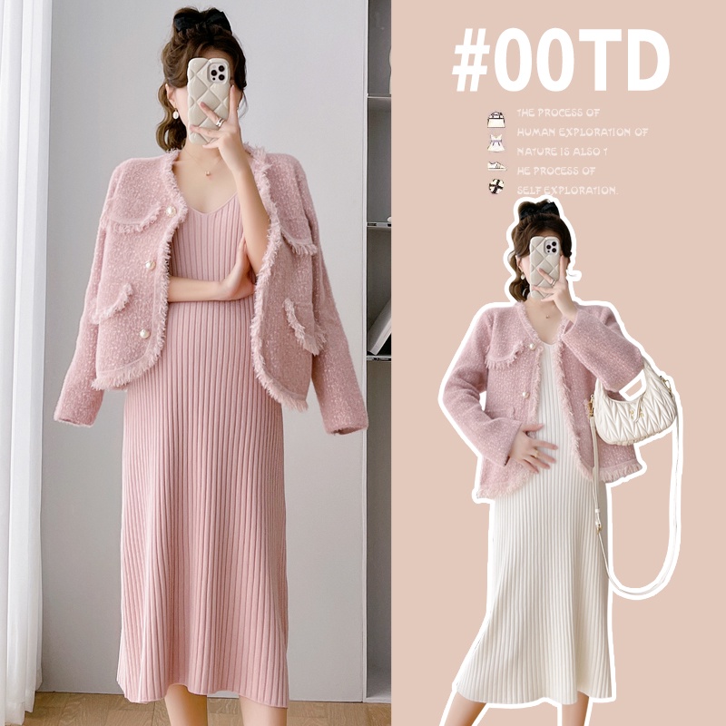 Set Áo Len Dài Tay + Váy Yếm Thời Trang Cho Phụ Nữ Mang Thai