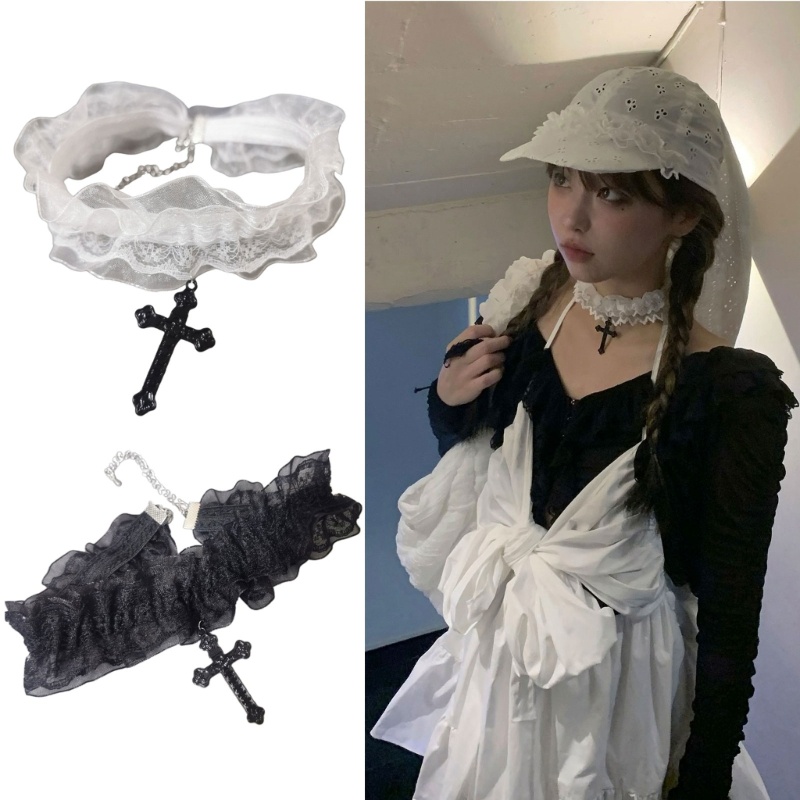 Vòng Cổ choker Ren Hai Lớp Mặt Chữ king / crucifix Màu Trắng Đen
