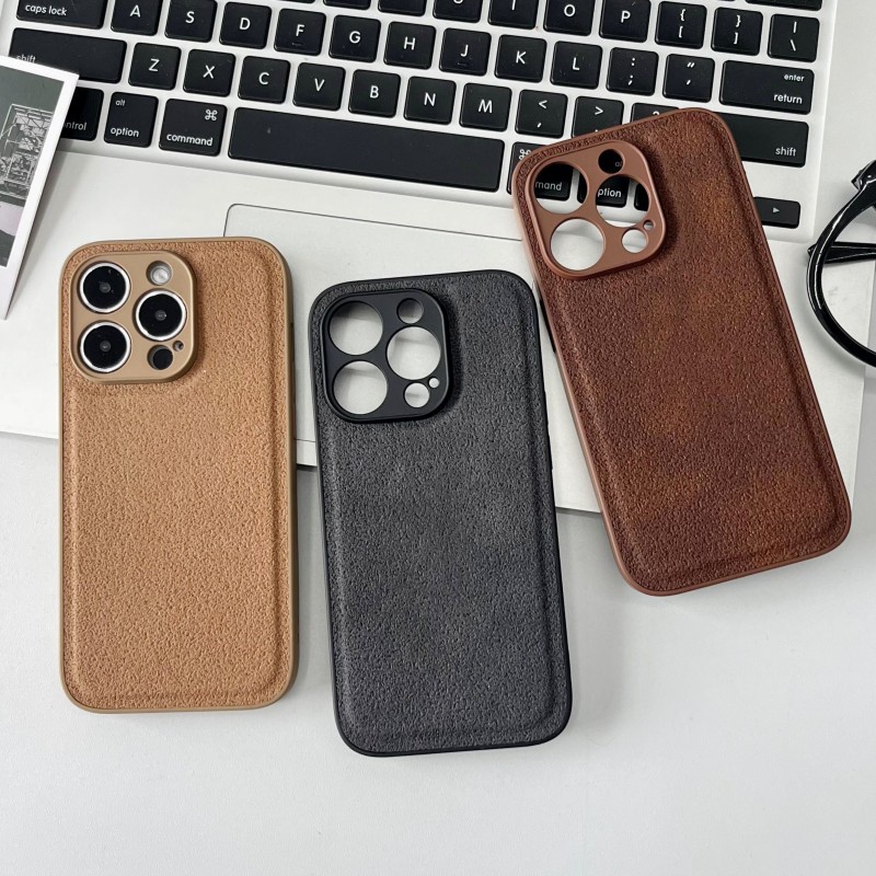 Đơn Giản Màu Nâu Đậm Kaki Da Lunar Pit Họa Tiết Camera Phim Bảo Vệ Ốp Lưng Điện Thoại Cho iPhone 15 Pro Max 14 13 12 11 Pro Max Bảo Vệ Toàn Diện Vỏ Mềm Chống Sốc