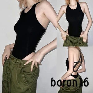 Áo liền quần ngắn Skinny dành cho nữ Áo liền quần chéo không tay màu đen