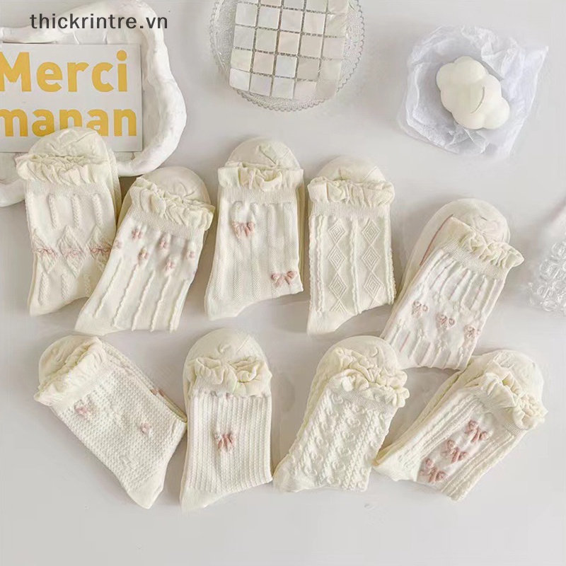 THI Đơn Giản Tất Trắng Đa Năng Đáng Yêu Nơ Nhỏ Hoa Nữ Ống Vừa Tất Bông Tai Kẹp Jk Lolita Bé Gái Cotton VN