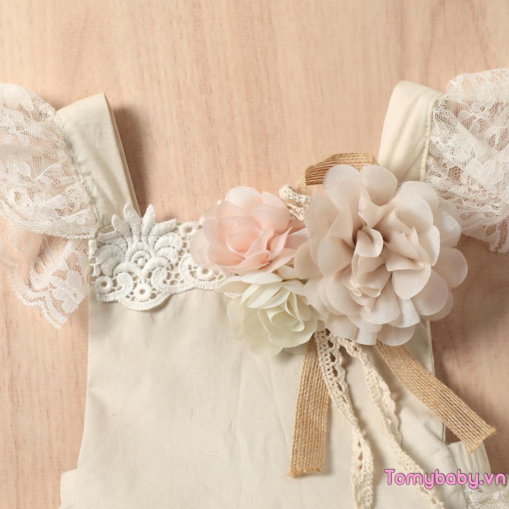 Thanh Lịch Bé Gái Áo Liền Quần Không Tay Cổ Vuông Ren Viền Màu Trơn Hoa Khâu Playsuit + Váy Ren