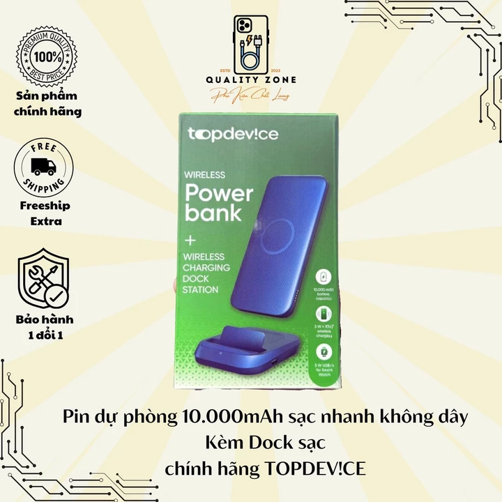 TOPDEVICE Sạc dự phòng không dây 10,000mah, kèm Dock sạc đa năng, sạc dự phòng sạc nhanh 18W, 1 Công Type C, 1 USB