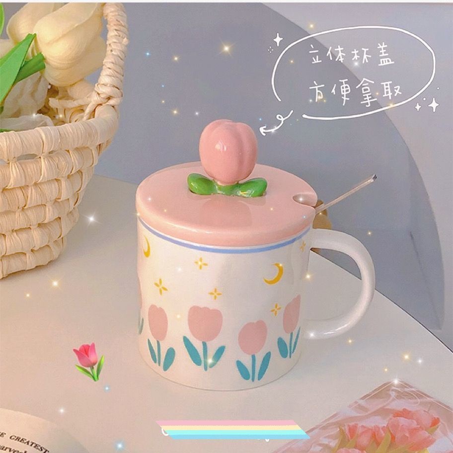 Ly Sứ Cà Phê Văn Phòng Hình Bông Hoa Tulip - Cốc Uống Nước Gốm Sứ Có Muỗng Nắp Xinh Xắn