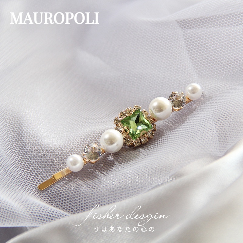 MAUROPOLI [Sẵn Sàng] Cung Điện Tính Khí Retro Ngọc Trai Xanh Kim Cương Giả Kẹp Phẳng Nổ Kẹp Tóc Bên Kim Loại Phụ Kiện Tóc Pha Lê