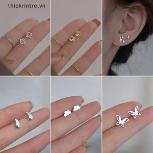 Bông Tai Bạc Tối Giản Nữ, Cặp Nhỏ Hình Anh Đào & Trái Tim Tình Yêu, Quà Tặng VN