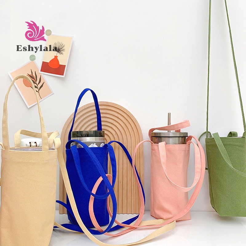 Túi đựng chai nước màu tinh khiết Túi đựng bình nước cầm tay bằng vải Canvas Vỏ chai nước dễ thương có dây đeo Túi cách nhiệt [MỚI]