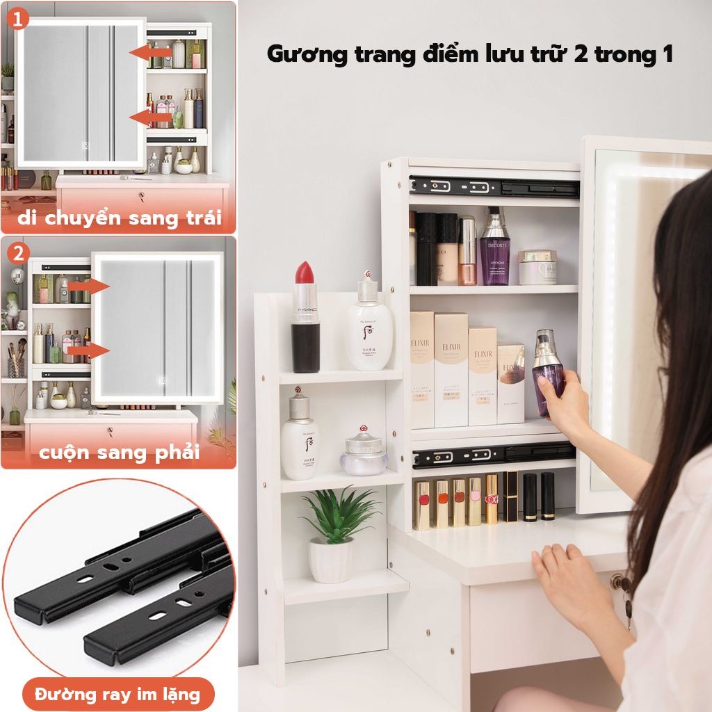 SUNNY Bàn trang điểm nội thất Bộ bàn trang điểm cá nhân kết hợp ghế và gương kéo thông minh có đèn