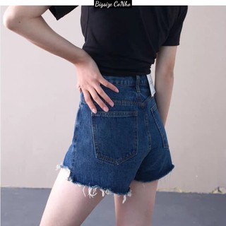 Quần đùi jean Bigsize nữ lưng cao tua lai rách đậm nhạt, Quần short bò nữ một khuy ống rộng lật lai xinh xắn J1