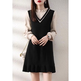 Đầm Len Tay Dài Cổ Tròn Giả Hai Lớp Phong Cách Phương Tây Thời Trang Thu Đông Cho Nữ